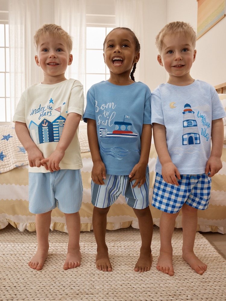Blue/Ecru Seaside Woven Short Pyjamas 3 Pack (9mths-12yrs) - Image 1 of 10 Blue/Ecru Seaside Woven Short Pyjamas 3 Pack (9mths-12yrs) - Image 1 of 10