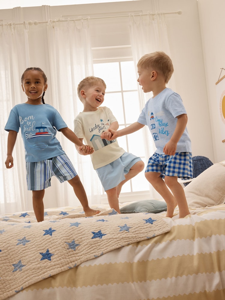 Blue/Ecru Seaside Woven Short Pyjamas 3 Pack (9mths-12yrs) - Image 2 of 10 Blue/Ecru Seaside Woven Short Pyjamas 3 Pack (9mths-12yrs) - Image 2 of 10