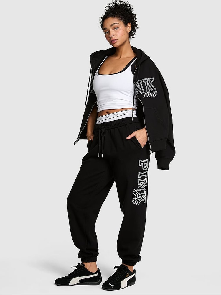 Victoria's Secret PINK Black Logo Print Cuffed Fleece Joggers - Image 1 of 2 Victoria's Secret PINK Black Logo Print Cuffed Fleece Joggers - Image 1 of 2