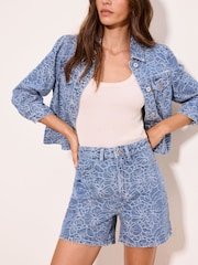 Lipsy Mid Wash Blue Floral Print Classic Denim Mom Shorts - Image 1 of 5