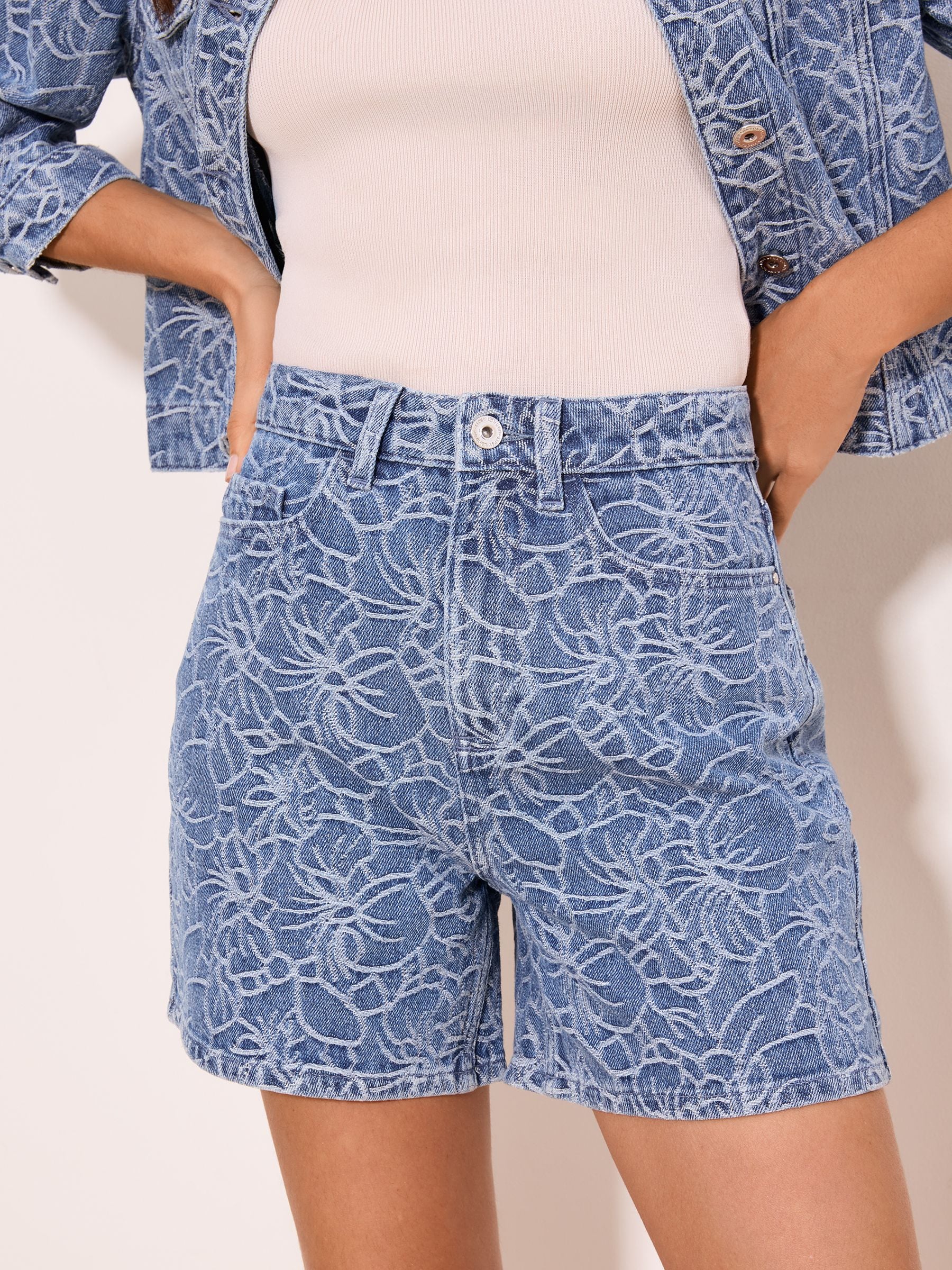 Buy Lipsy Mid Wash Blue Floral Print Classic Denim Mom Shorts from