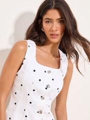 Lipsy White & Black Polka Dot Printed Square Neck Denim Waistcoat - Image 4 of 4