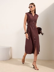 Friends Like These Burgundy Red Petite Side Buckle Utility Shirt Dress - Image 1 of 4