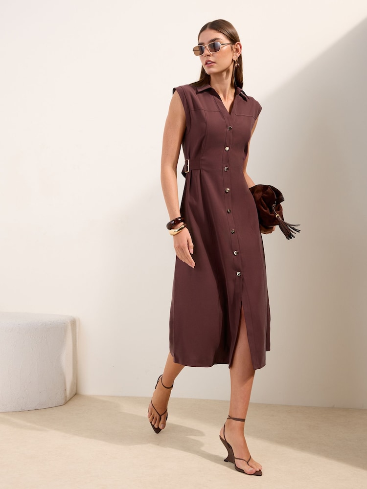 Friends Like These Burgundy Red Petite Side Buckle Utility Shirt Dress - Image 1 of 4