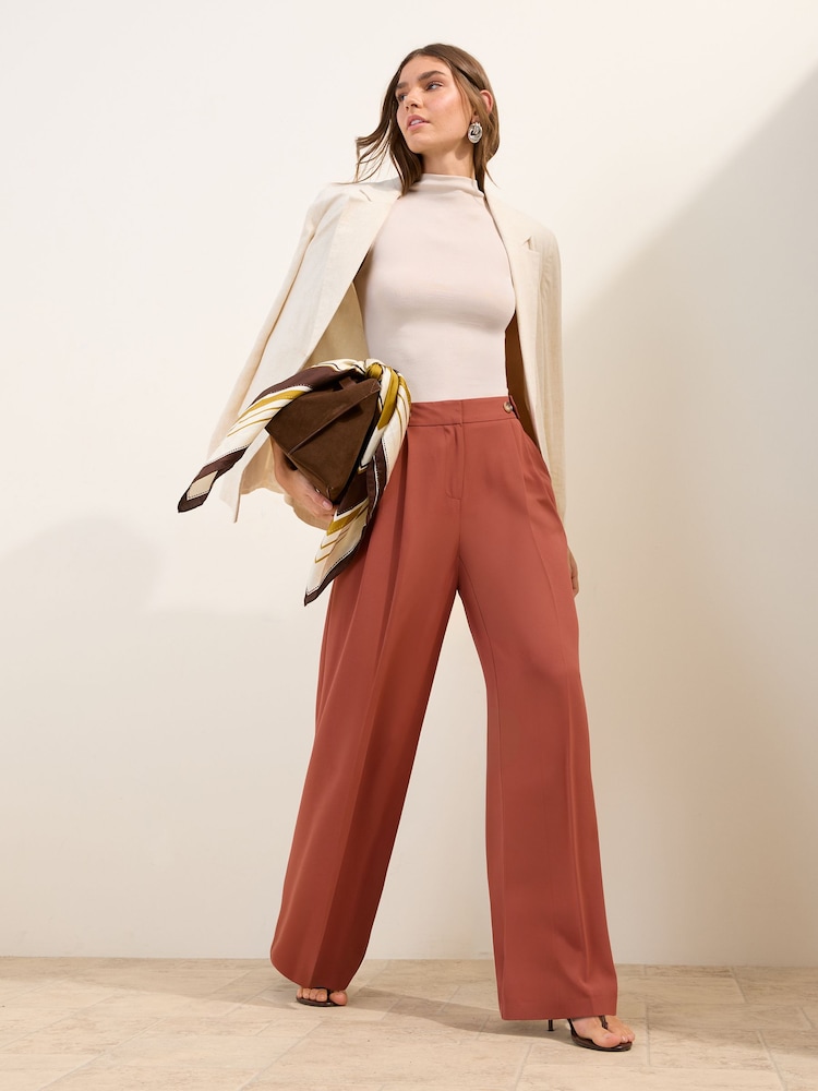 Friends Like These Rust Brown Petite Adjustable Waist Premium Wide Leg Trousers - Image 1 of 4