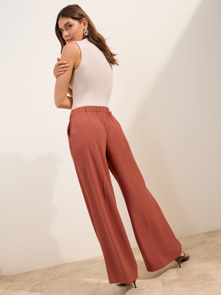 Friends Like These Rust Brown Petite Adjustable Waist Premium Wide Leg Trousers - Image 4 of 4