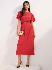 Friends Like These Coral Pink Petite Belted Flutter Sleeve Midi Dress - Image 1 of 4