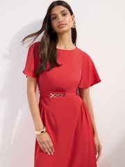 Friends Like These Coral Pink Petite Belted Flutter Sleeve Midi Dress - Image 2 of 4