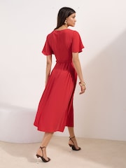 Friends Like These Coral Pink Petite Belted Flutter Sleeve Midi Dress - Image 4 of 4