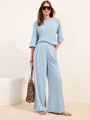 Friends Like These Blue Petite Adjustable Waist Premium Wide Leg Trousers - Image 1 of 5