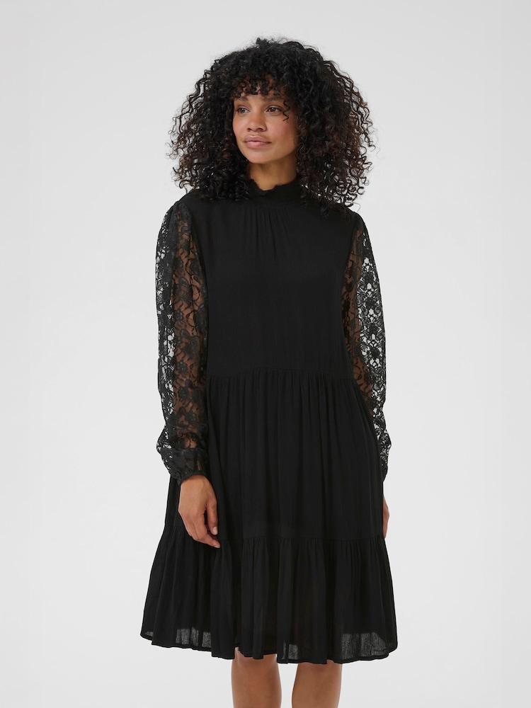 Kaffe Black KAstine High Neck Long Sleeve Lace Dress - Image 1 of 6