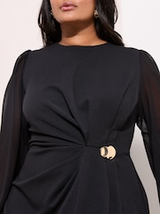 Friends Like These Black Curve Chiffon Long Sleeve Hardware Detail Midi Dress - Image 2 of 4