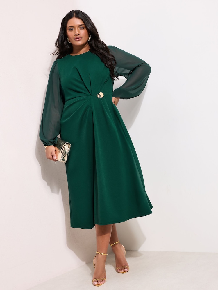 Friends Like These Green Curve Chiffon Long Sleeve Hardware Detail Midi Dress - Image 1 of 4