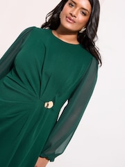 Friends Like These Green Curve Chiffon Long Sleeve Hardware Detail Midi Dress - Image 2 of 4