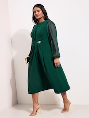 Friends Like These Green Curve Chiffon Long Sleeve Hardware Detail Midi Dress - Image 3 of 4