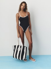 self. Monochrome Scoop Back Swimsuit With Piping - Image 2 of 9