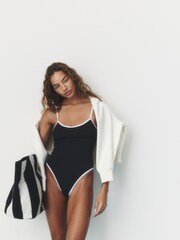 self. Monochrome Scoop Back Swimsuit With Piping - Image 4 of 9