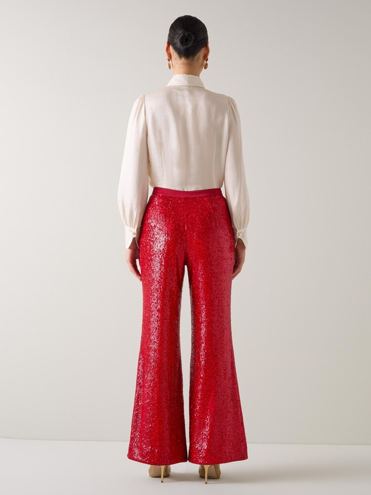 LK Bennett Red Shimmer Sequin Wide Trousers - Image 2 of 3 LK Bennett Red Shimmer Sequin Wide Trousers - Image 2 of 3