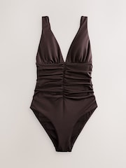 Chocolate Brown High Shine Ruched Plunge Tummy Control Swimsuit - Image 5 of 8