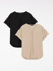 Lipsy Black/Neutral Touch Of Linen V-Neck Tops 2 Pack - Image 1 of 6