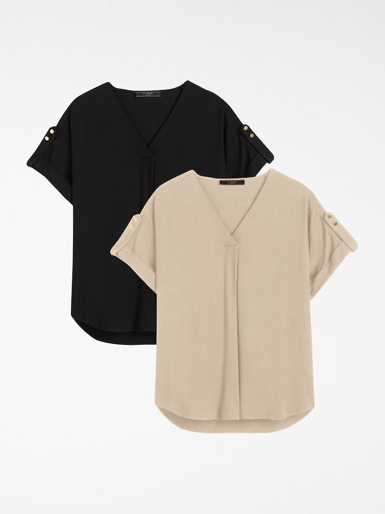 Lipsy Black/Neutral Touch Of Linen V-Neck Tops 2 Pack - Image 1 of 6