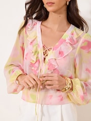 Lipsy Yellow Pink Print Ruffle Tie Blouse - Image 1 of 4
