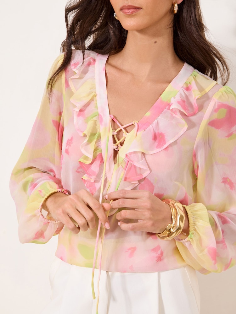 Lipsy Yellow Pink Print Ruffle Tie Blouse - Image 1 of 4