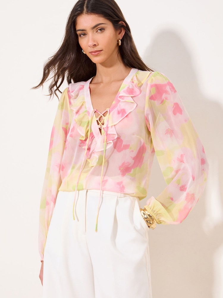 Lipsy Yellow Pink Print Ruffle Tie Blouse - Image 2 of 4