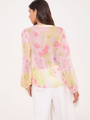 Lipsy Yellow Pink Print Ruffle Tie Blouse - Image 4 of 4