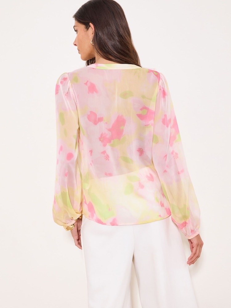 Lipsy Yellow Pink Print Ruffle Tie Blouse - Image 4 of 4
