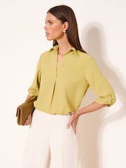 Lipsy Charteruse Green V-Neck 3/4 Sleeve Collared Blouse - Image 1 of 4
