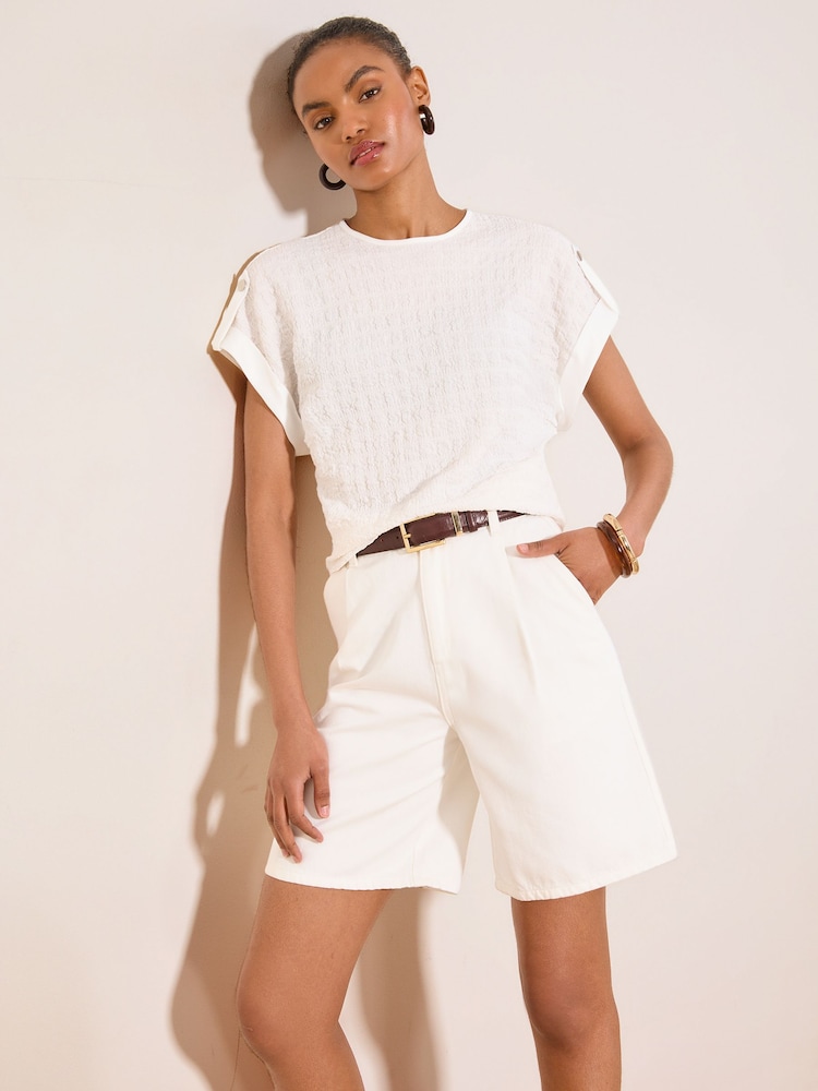 Lipsy White Textured Tab Detail T-Shirt - Image 1 of 5