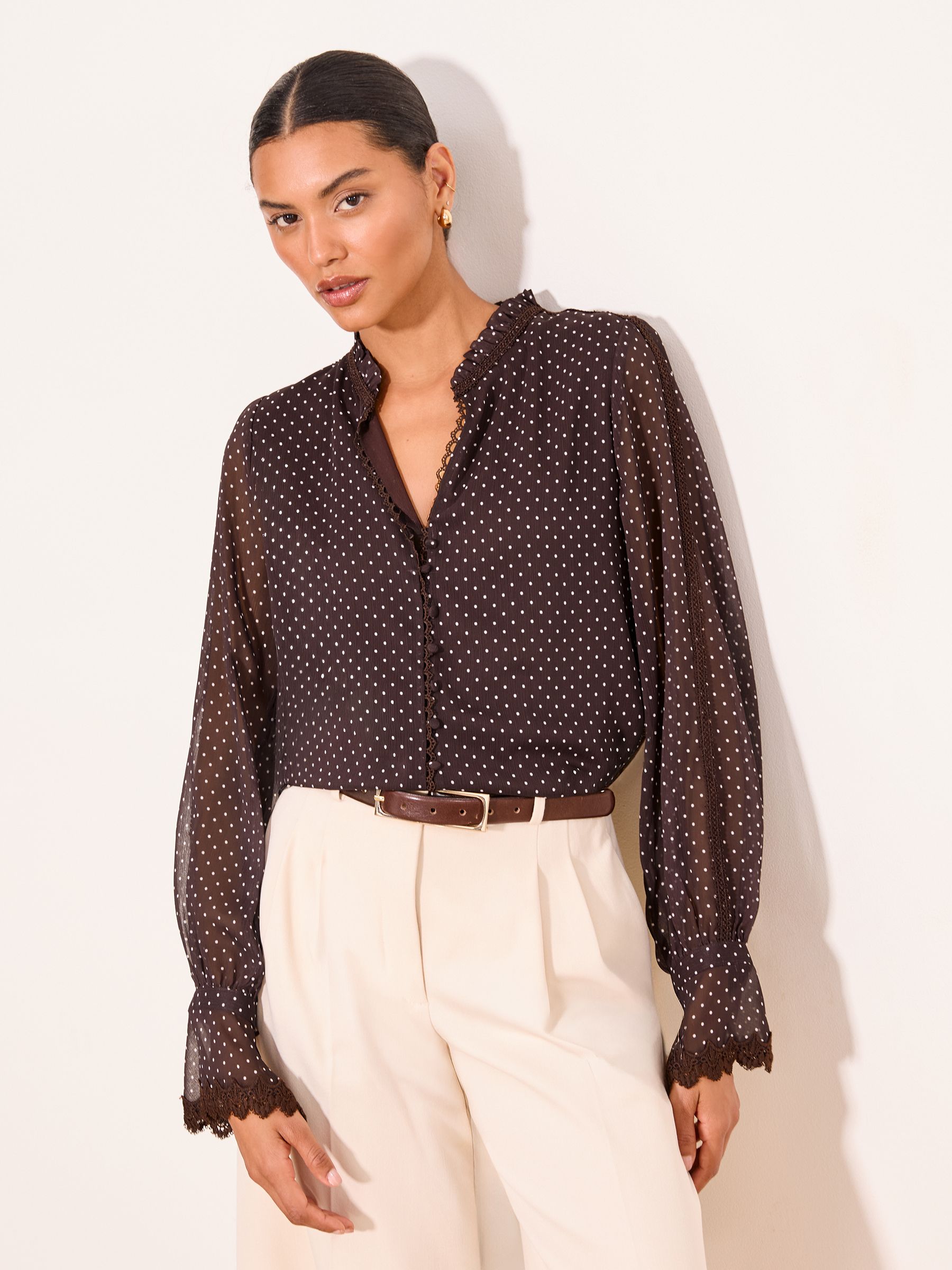 Buy Lipsy Chocolate Brown Spot Frill Collar Detail Chiffon Shirt