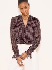 Lipsy Chocolate Brown Spot Frill Collar Detail Chiffon Shirt - Image 1 of 4