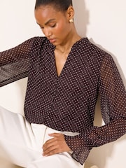 Lipsy Chocolate Brown Spot Frill Collar Detail Chiffon Shirt - Image 2 of 4