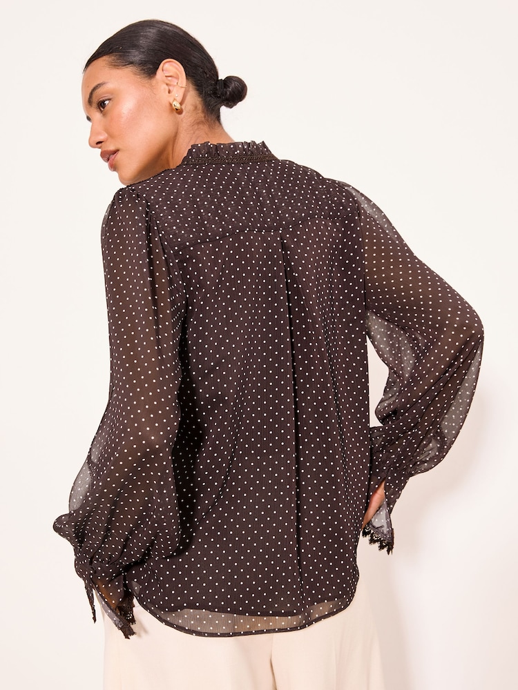 Lipsy Chocolate Brown Spot Frill Collar Detail Chiffon Shirt - Image 5 of 5 Lipsy Chocolate Brown Spot Frill Collar Detail Chiffon Shirt - Image 5 of 5