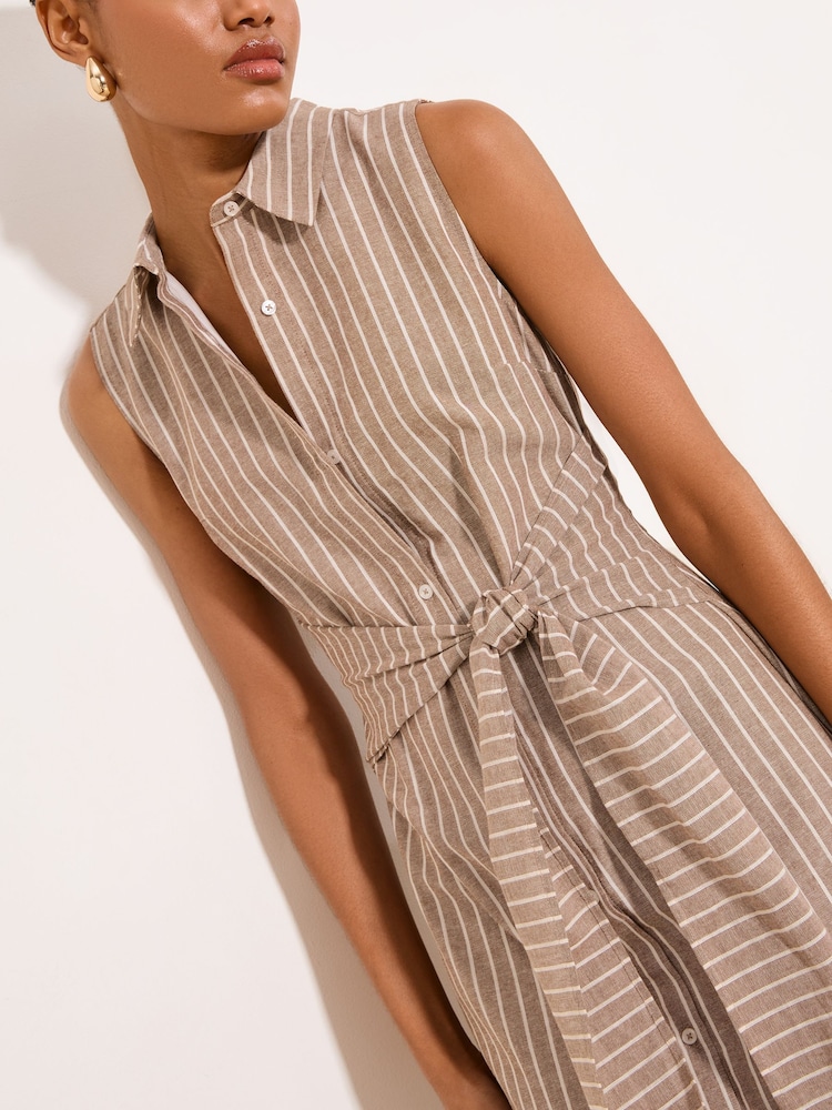 Lipsy Neutral Stripe Petite Sleeveless Collar Shirt Belted Waist Midi Dress - Image 2 of 5 Lipsy Neutral Stripe Petite Sleeveless Collar Shirt Belted Waist Midi Dress - Image 2 of 5