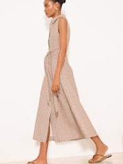 Lipsy Neutral Stripe Petite Sleeveless Collar Shirt Belted Waist Midi Dress - Image 3 of 5
