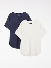 Lipsy White/Blue Utility V-Neck Short Roll Sleeve Tops 2 Pack - Image 1 of 3