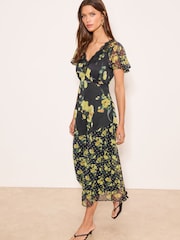 Lipsy Black Petite Floral Lace Insert Wrap Short Sleeve Midi Dress - Image 1 of 4