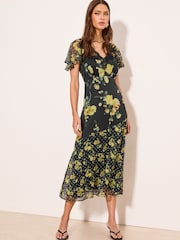 Lipsy Black Petite Floral Lace Insert Wrap Short Sleeve Midi Dress - Image 2 of 4