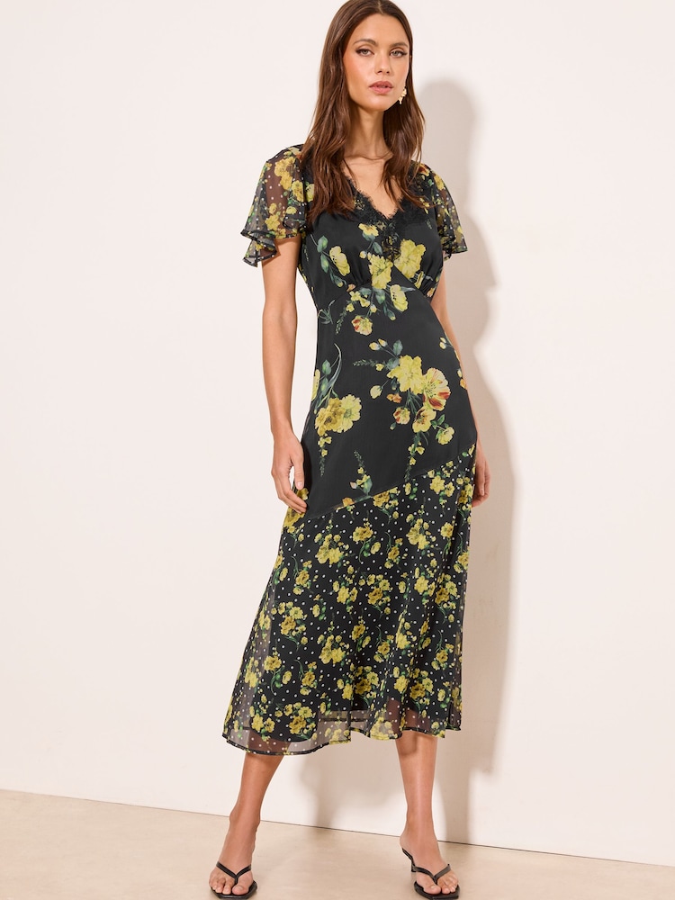 Lipsy Black Petite Floral Lace Insert Wrap Short Sleeve Midi Dress - Image 2 of 4