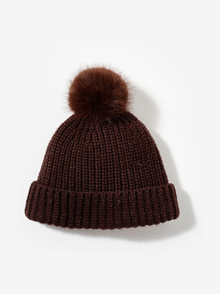 Mint Velvet Brown Knit Pom Pom Hat - Image 1 of 2 Mint Velvet Brown Knit Pom Pom Hat - Image 1 of 2