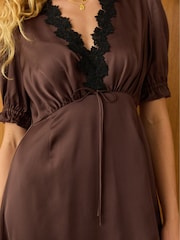 Baukjen Valleta Satin Lace Trim Midi Brown Dress - Image 4 of 4
