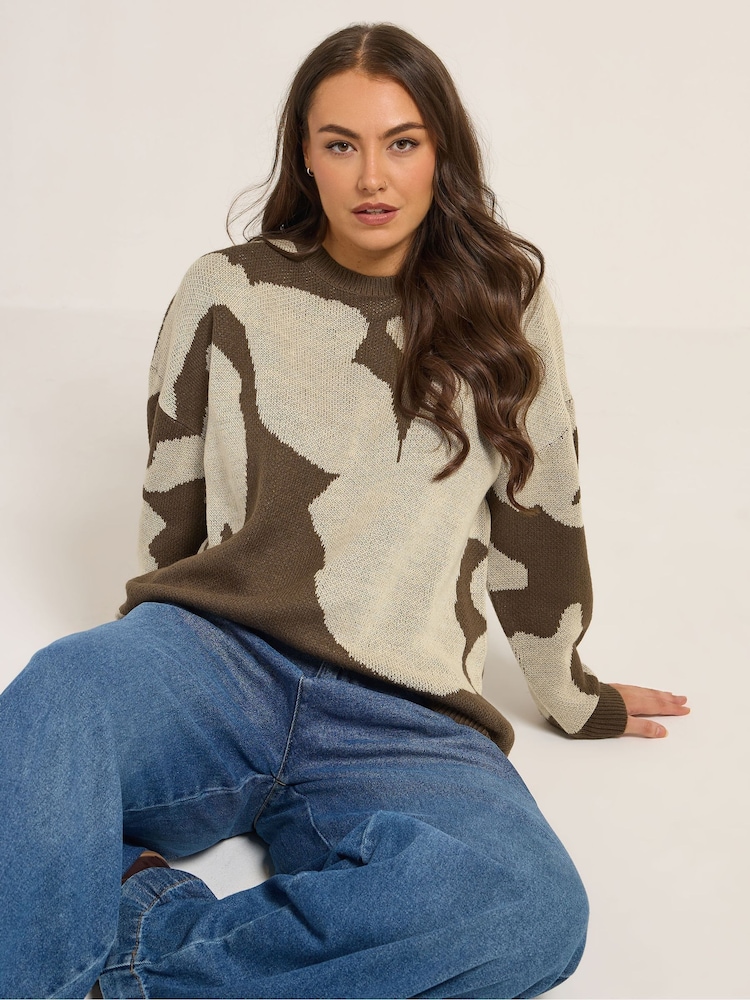 Yours Curve Brown Blurred Floral Jumper - Image 1 of 5