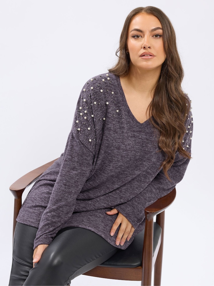 Yours Curve Purple Pearl Drop Shoulder Jumper - Image 1 of 5