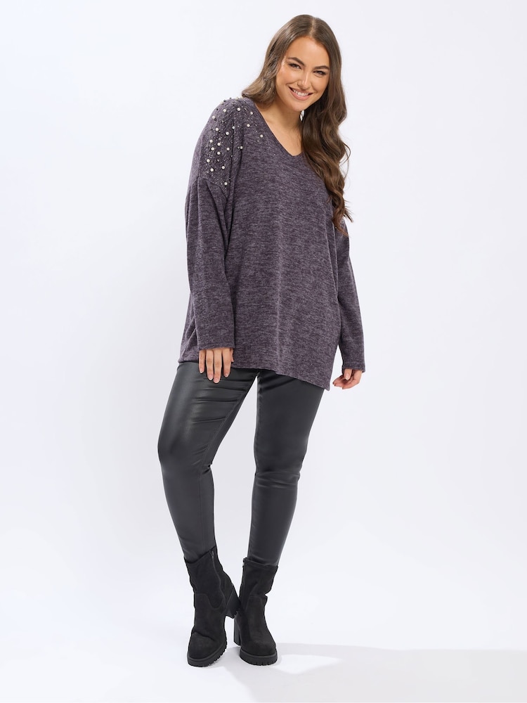 Yours Curve Purple Pearl Drop Shoulder Jumper - Image 2 of 5