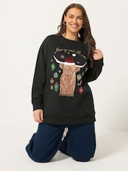 Yours Curve Black Highland Cow Novelty Sweatshirt - Image 1 of 5