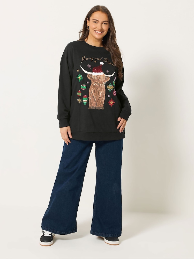 Yours Curve Black Highland Cow Novelty Sweatshirt - Image 2 of 5 Yours Curve Black Highland Cow Novelty Sweatshirt - Image 2 of 5