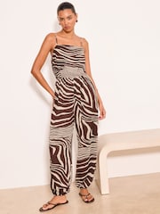 Lipsy Brown Zebra Animal Print Petite Strappy Balloon Trousers Jumpsuit - Image 1 of 5